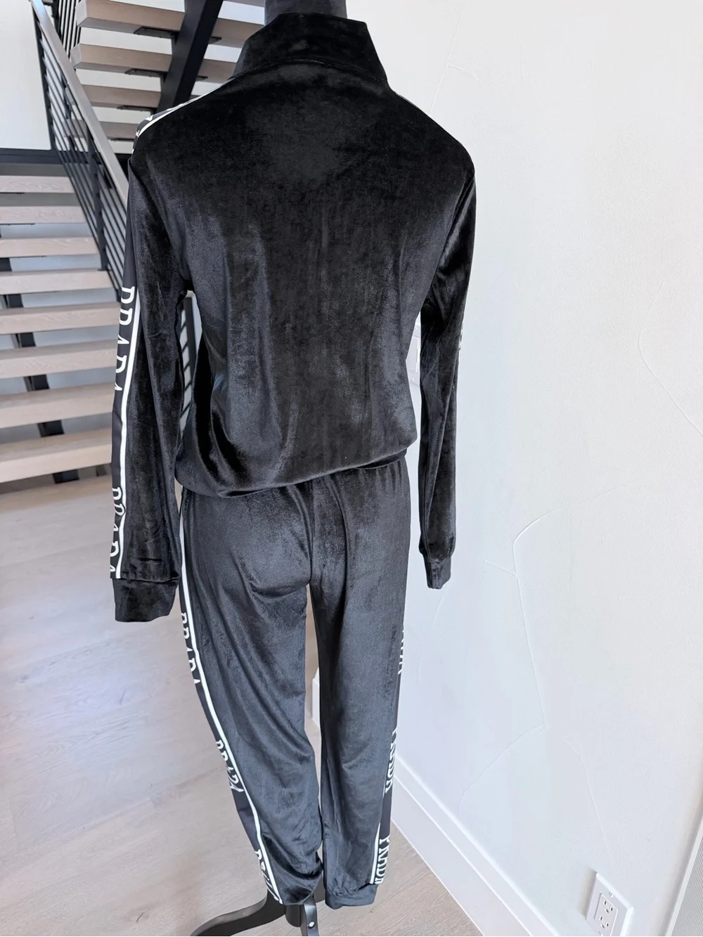 Prada Black Velour Track Jacket & Pants Set size S
